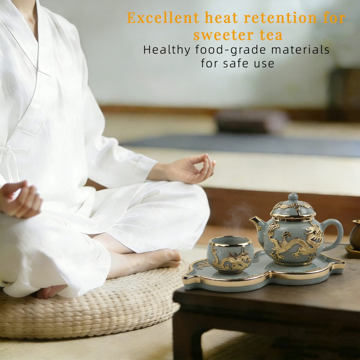 Gold-Inlaid Jade Style Ru Porcelain "Dragon Blesses Fortune & Blessing" Kung Fu Tea Set - Image 3