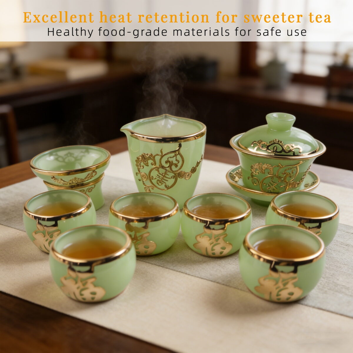 Gold-Inlaid Jade Style Liuli Glass "Complete Fu Lu Shou" Kung Fu Tea Set - Image 3