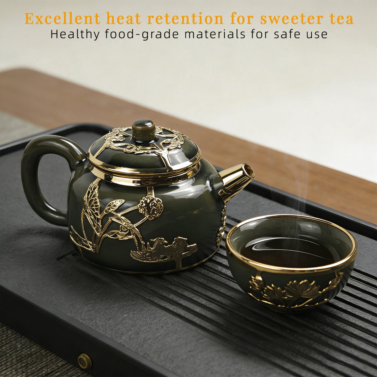 Gold-Inlaid Jade Style Jun Porcelain “Midnight Lotus Bloom” Complete Kung Fu Tea Gift Set - Image 3