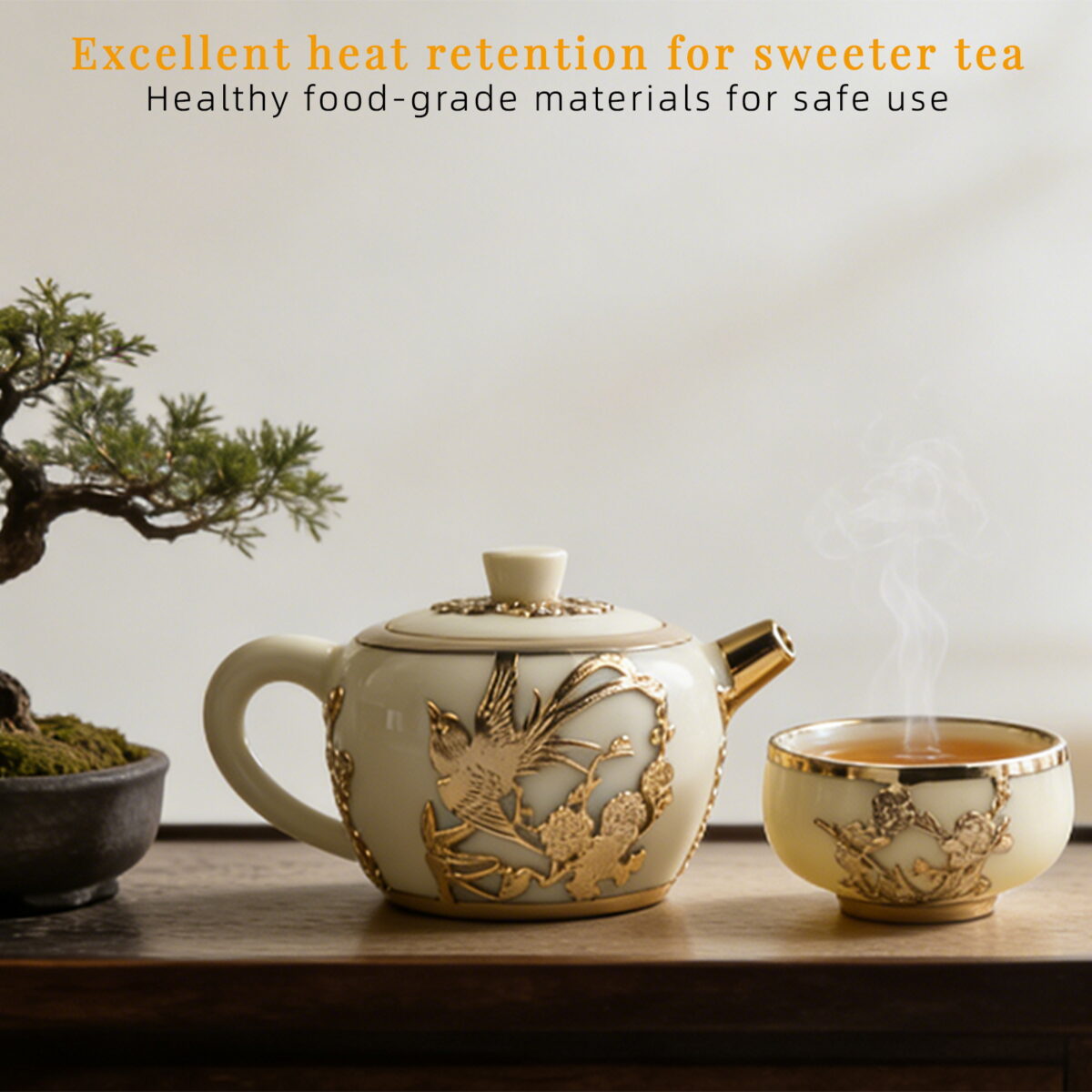 Gold-inlaid Jade Style Suet Jade Porcelain “Magpie & Plum Greeting Spring”Complete Kung Fu Tea Gift Set - Image 3