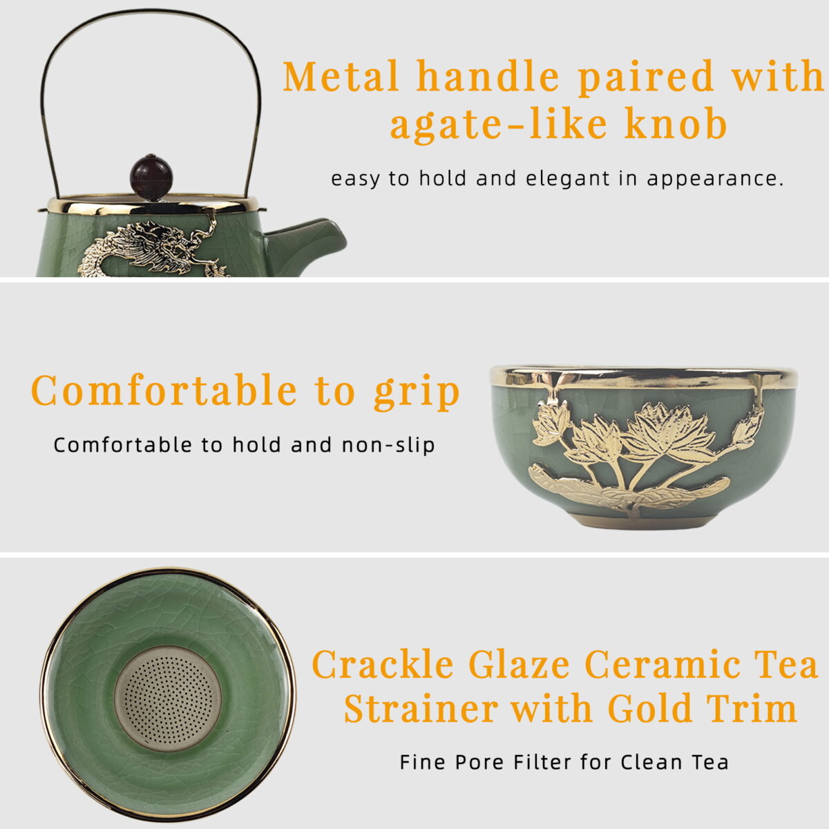 Gold-Inlaid Jade Style Ru Porcelain“Auspicious Dragon & Lotus Charm”Kung Fu Tea Set - Image 7