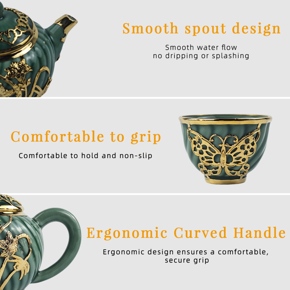 Gold-Inlaid Jade Style Celadon“Butterflies Loving Flowers”Kung Fu Tea Set - Image 9
