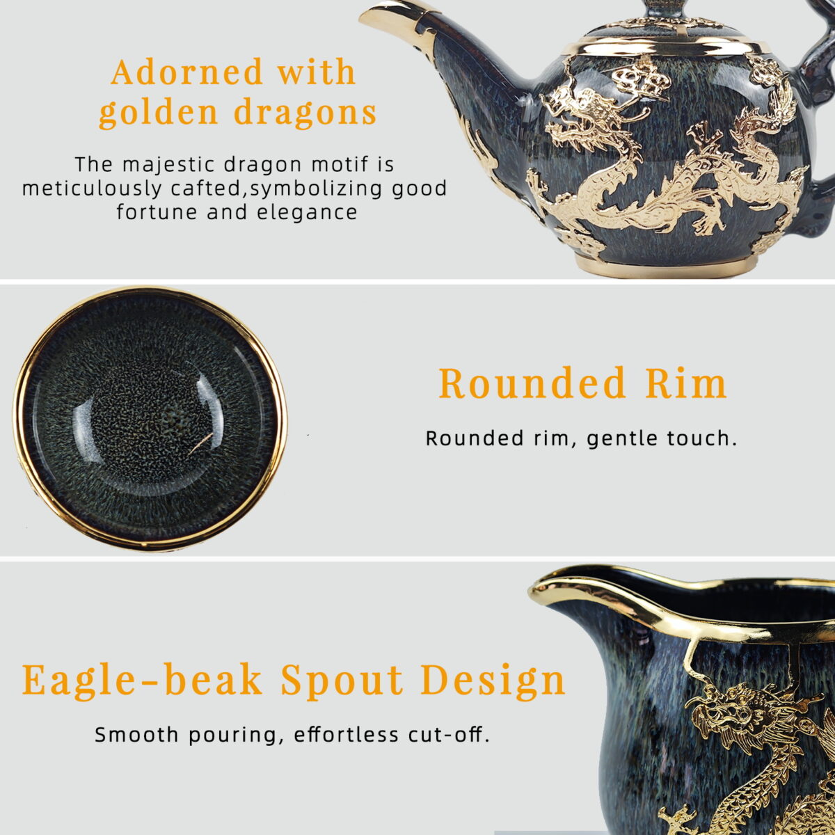 Gold-Inlaid Jade Style Jun Porcelain "Dragon Soaring Across the Four Seas" Kung Fu Tea Set - Image 8