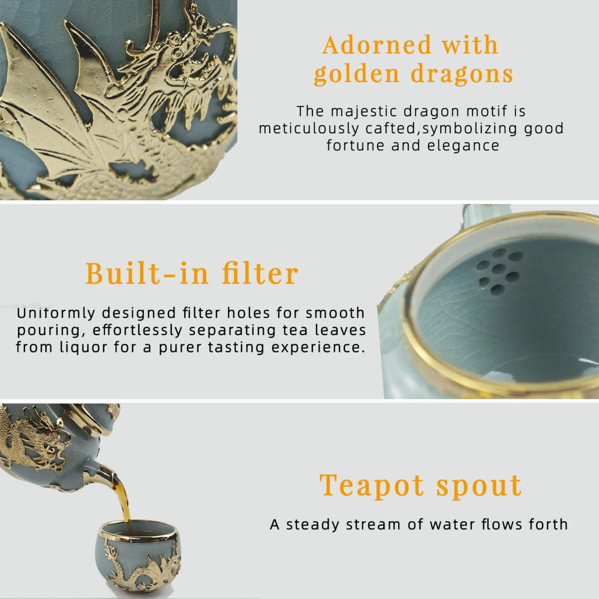 Gold-Inlaid Jade Style Ru Porcelain "Dragon Blesses Fortune & Blessing" Kung Fu Tea Set - Image 7