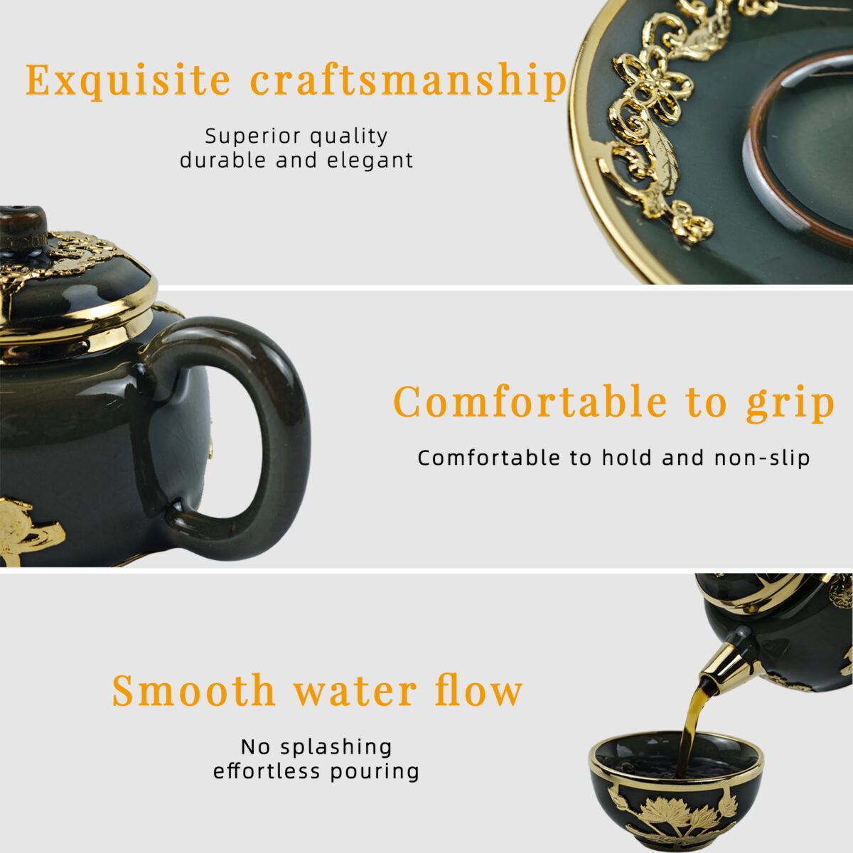 Gold-Inlaid Jade Style Jun Porcelain “Midnight Lotus Bloom” Complete Kung Fu Tea Gift Set - Image 7
