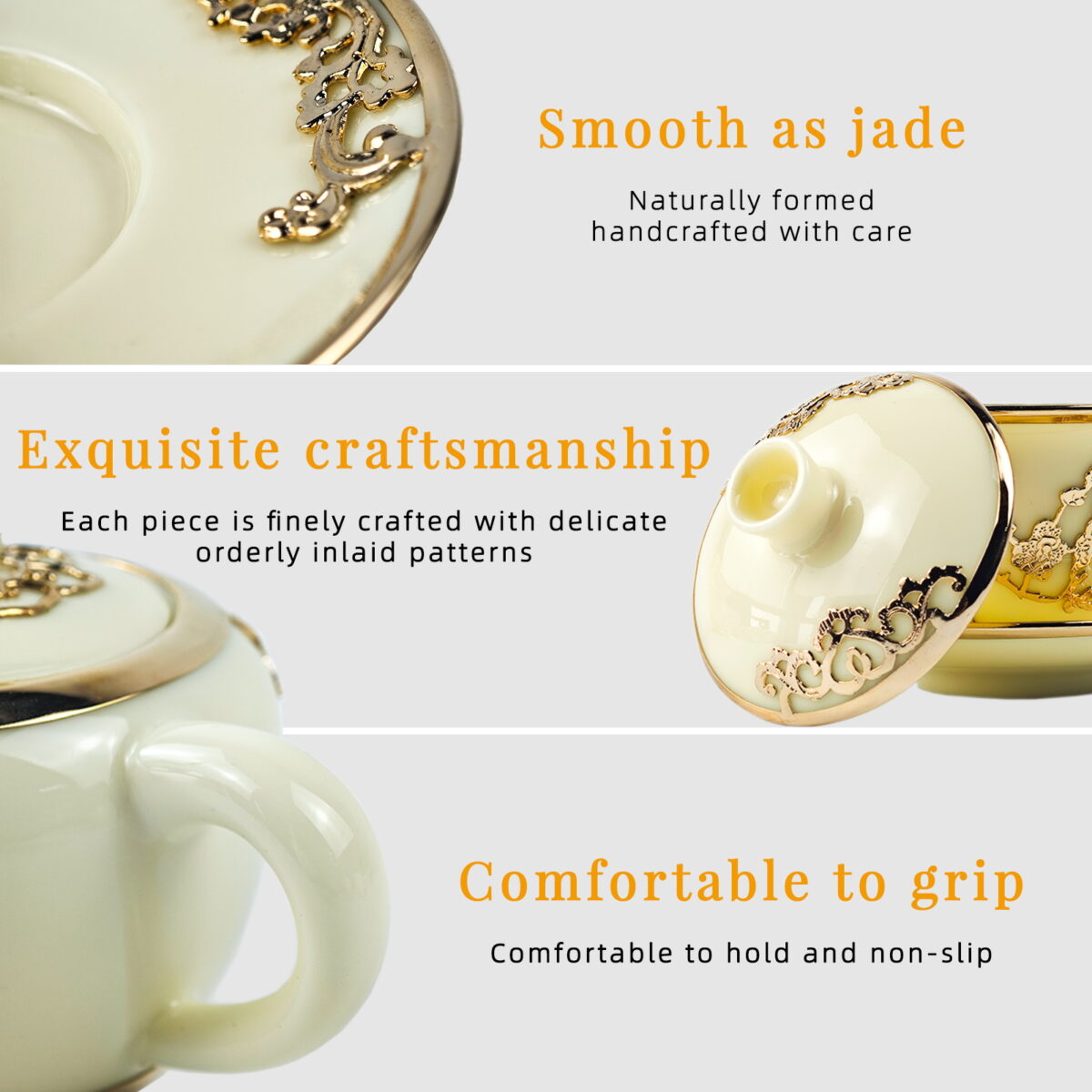 Gold-inlaid Jade Style Suet Jade Porcelain “Magpie & Plum Greeting Spring”Complete Kung Fu Tea Gift Set - Image 6