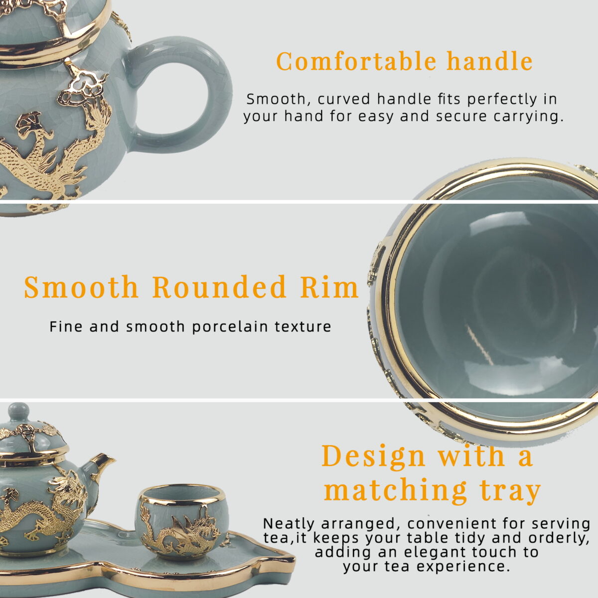 Gold-Inlaid Jade Style Ru Porcelain "Dragon Blesses Fortune & Blessing" Kung Fu Tea Set - Image 9