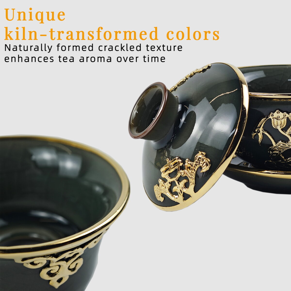 Gold-Inlaid Jade Style Jun Porcelain “Midnight Lotus Bloom” Complete Kung Fu Tea Gift Set - Image 6