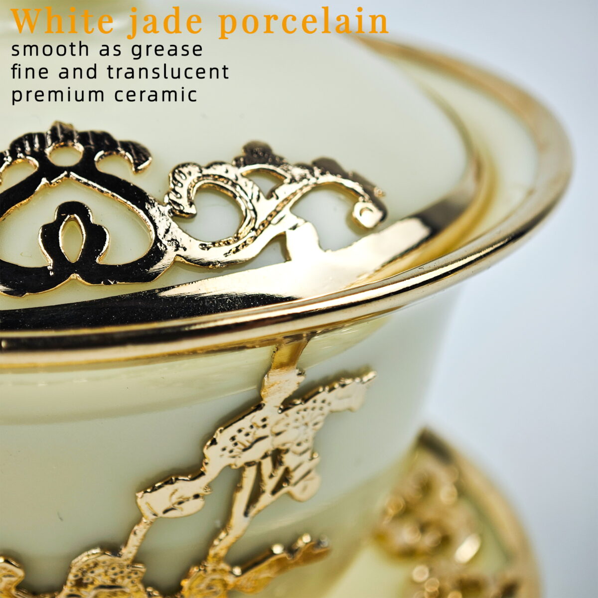 Gold-inlaid Jade Style Suet Jade Porcelain “Magpie & Plum Greeting Spring”Complete Kung Fu Tea Gift Set - Image 4