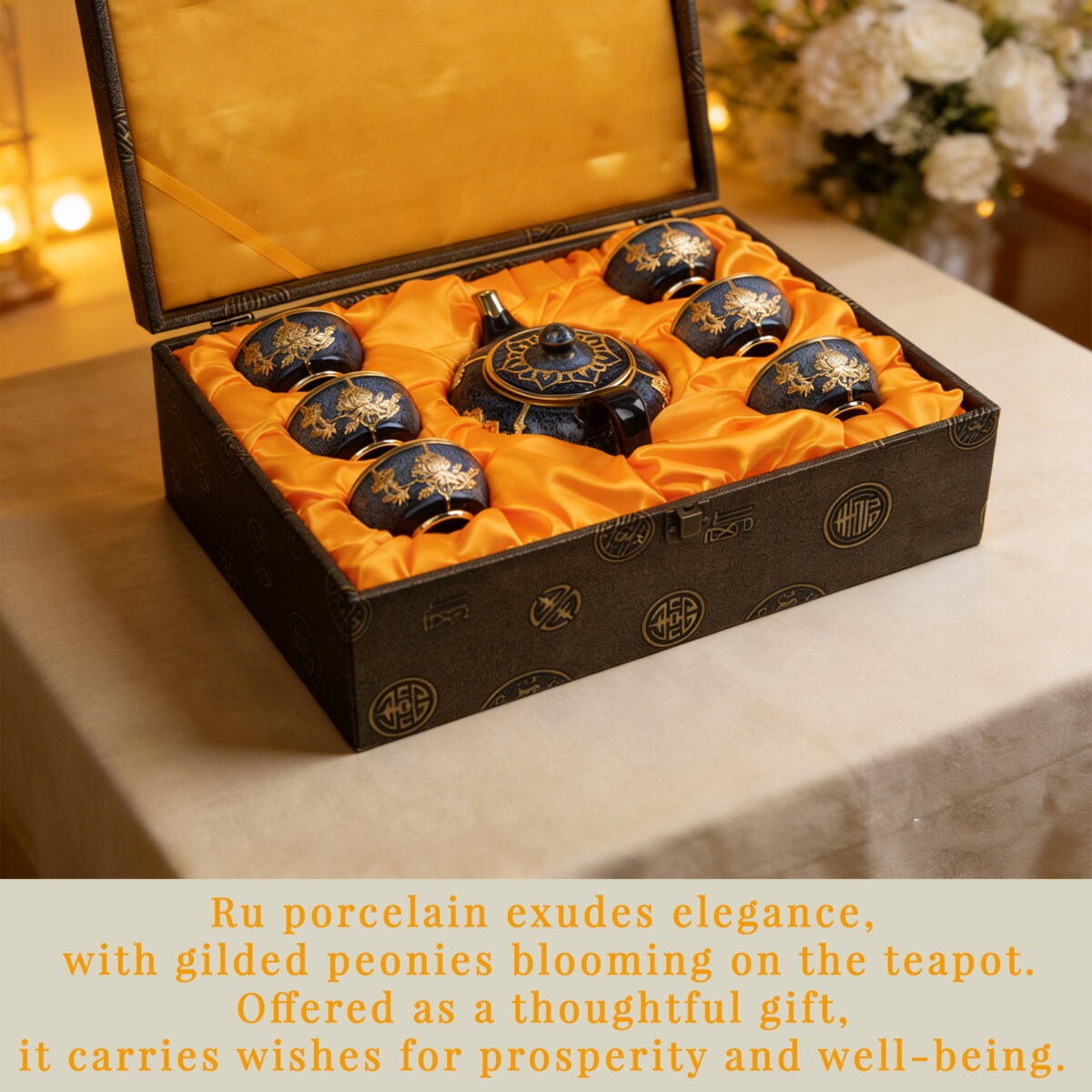 Gold-Inlaid Jade Style Jun Porcelain "National Beauty & Heavenly Fragrance" Tea Set - Image 9