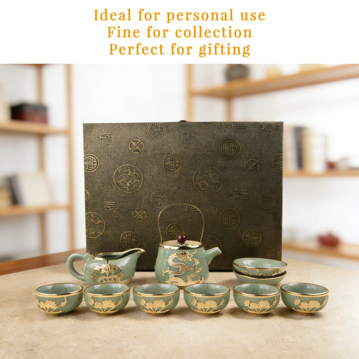 Gold-Inlaid Jade Style Ru Porcelain“Auspicious Dragon & Lotus Charm”Kung Fu Tea Set - Image 9