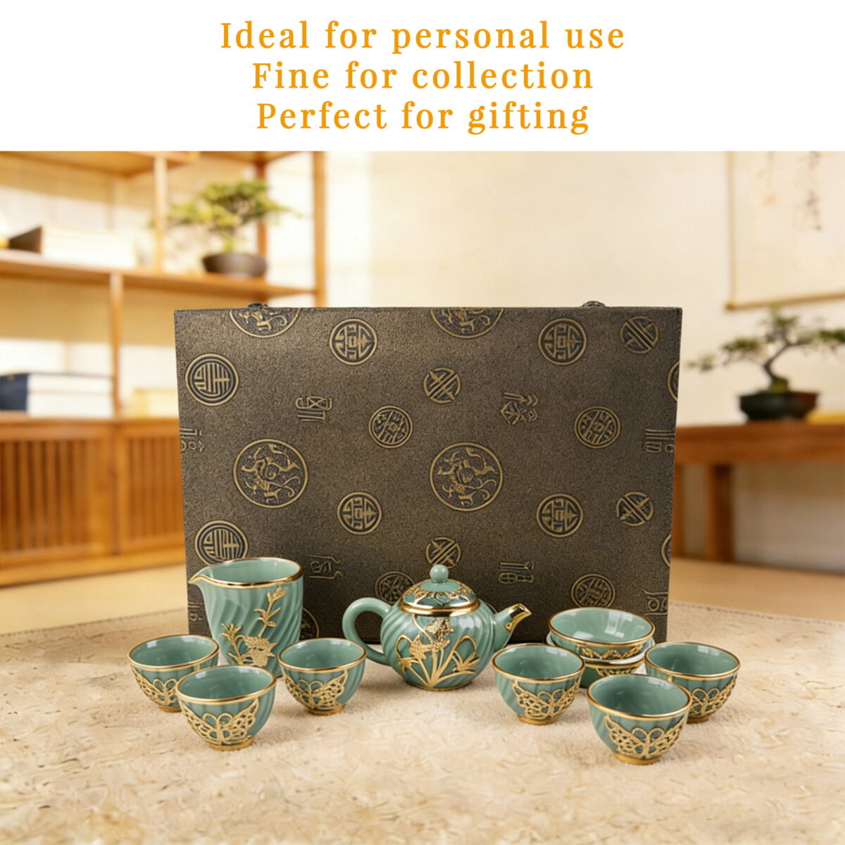 Gold-Inlaid Jade Style Celadon“Butterflies Loving Flowers”Kung Fu Tea Set - Image 10