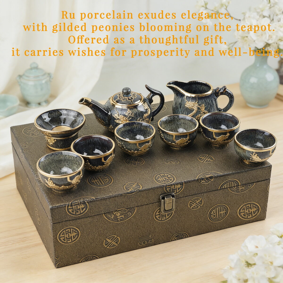Gold-Inlaid Jade Style Jun Porcelain "Dragon Soaring Across the Four Seas" Kung Fu Tea Set - Image 9