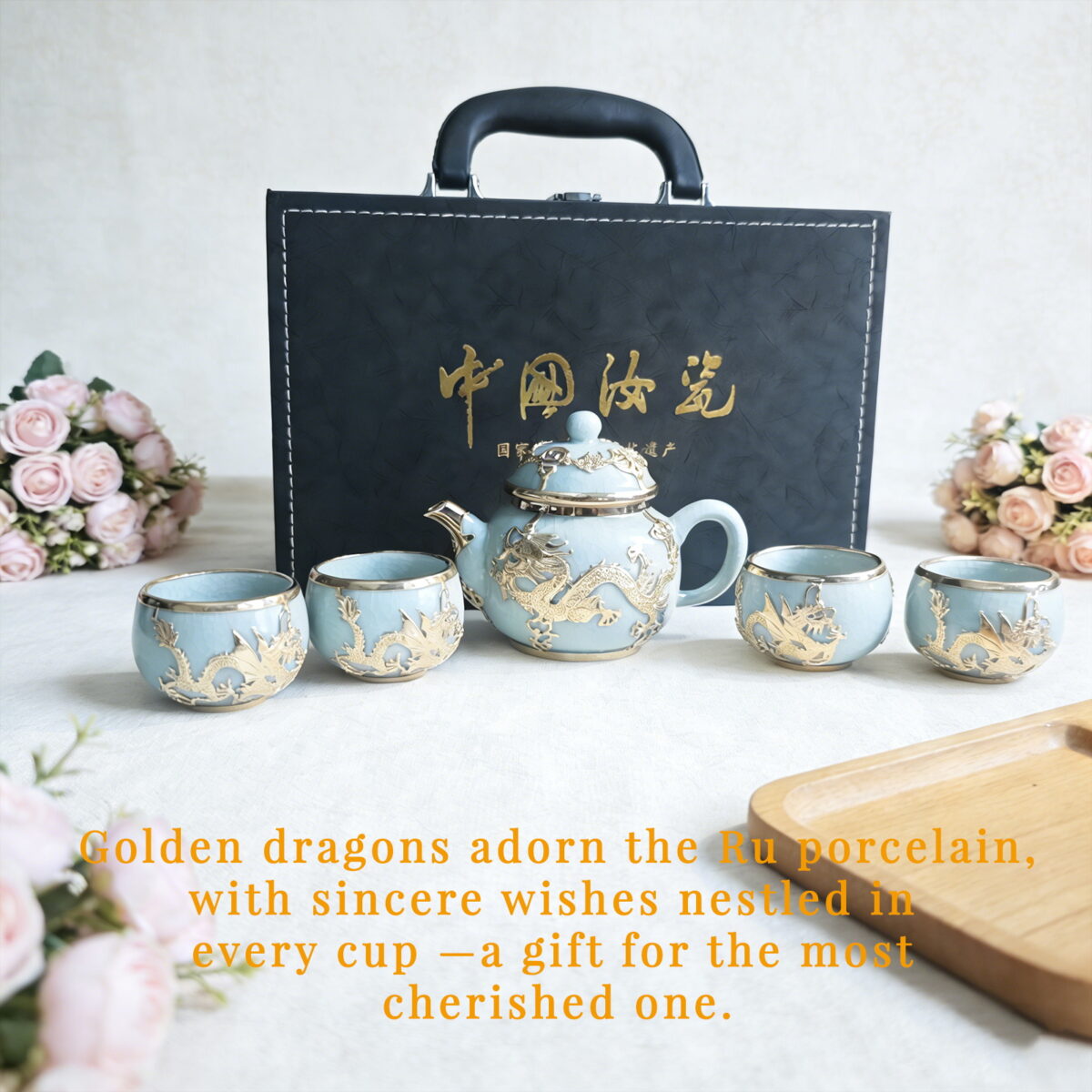 Gold-Inlaid Jade Style Ru Porcelain "Dragon Blesses Fortune & Blessing" Kung Fu Tea Set - Image 8