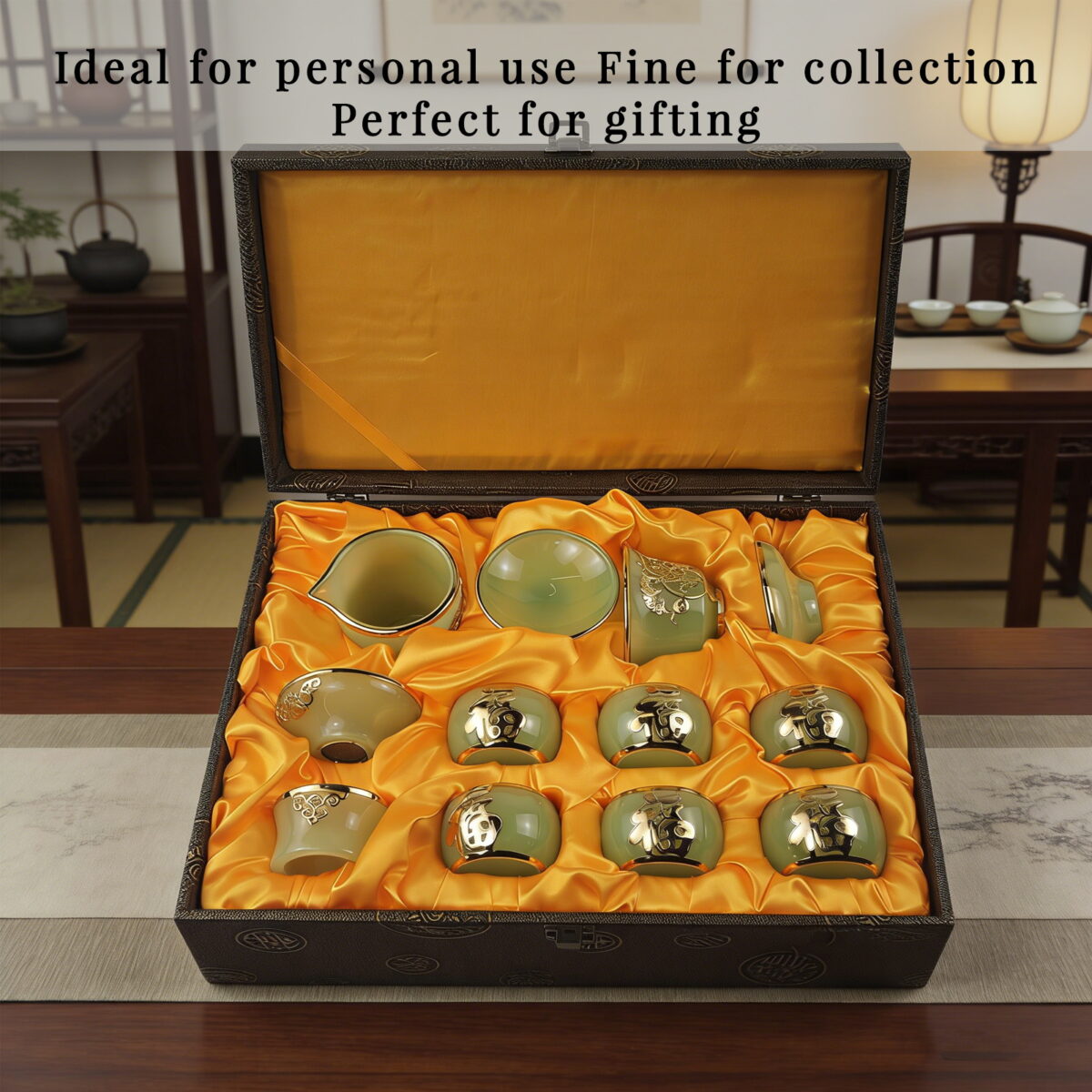 Gold-Inlaid Jade Style Liuli Glass "Complete Fu Lu Shou" Kung Fu Tea Set - Image 9
