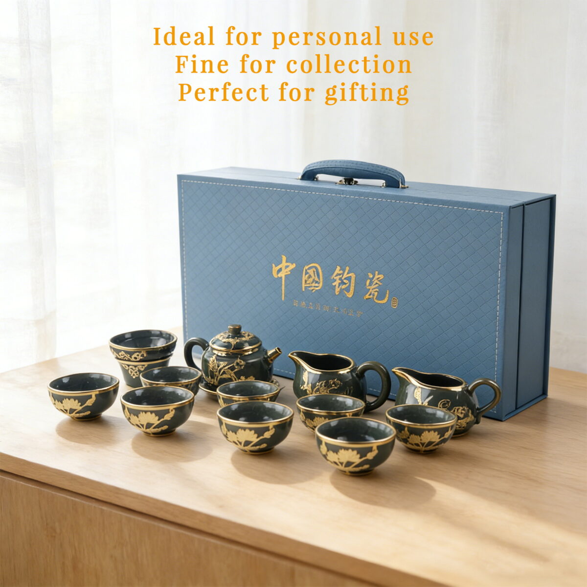 Gold-Inlaid Jade Style Jun Porcelain “Midnight Lotus Bloom” Complete Kung Fu Tea Gift Set - Image 8