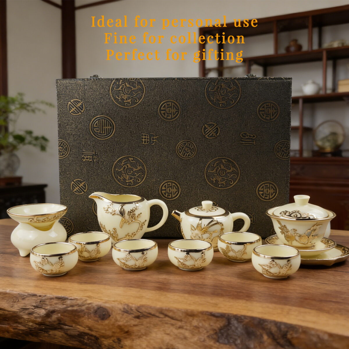 Gold-inlaid Jade Style Suet Jade Porcelain “Magpie & Plum Greeting Spring”Complete Kung Fu Tea Gift Set - Image 9