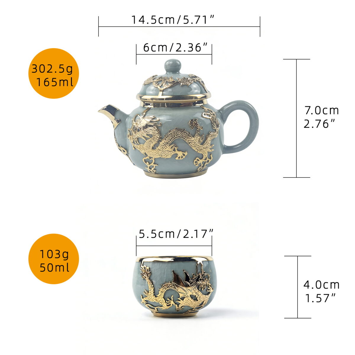 Gold-Inlaid Jade Style Ru Porcelain "Dragon Blesses Fortune & Blessing" Kung Fu Tea Set - Image 10