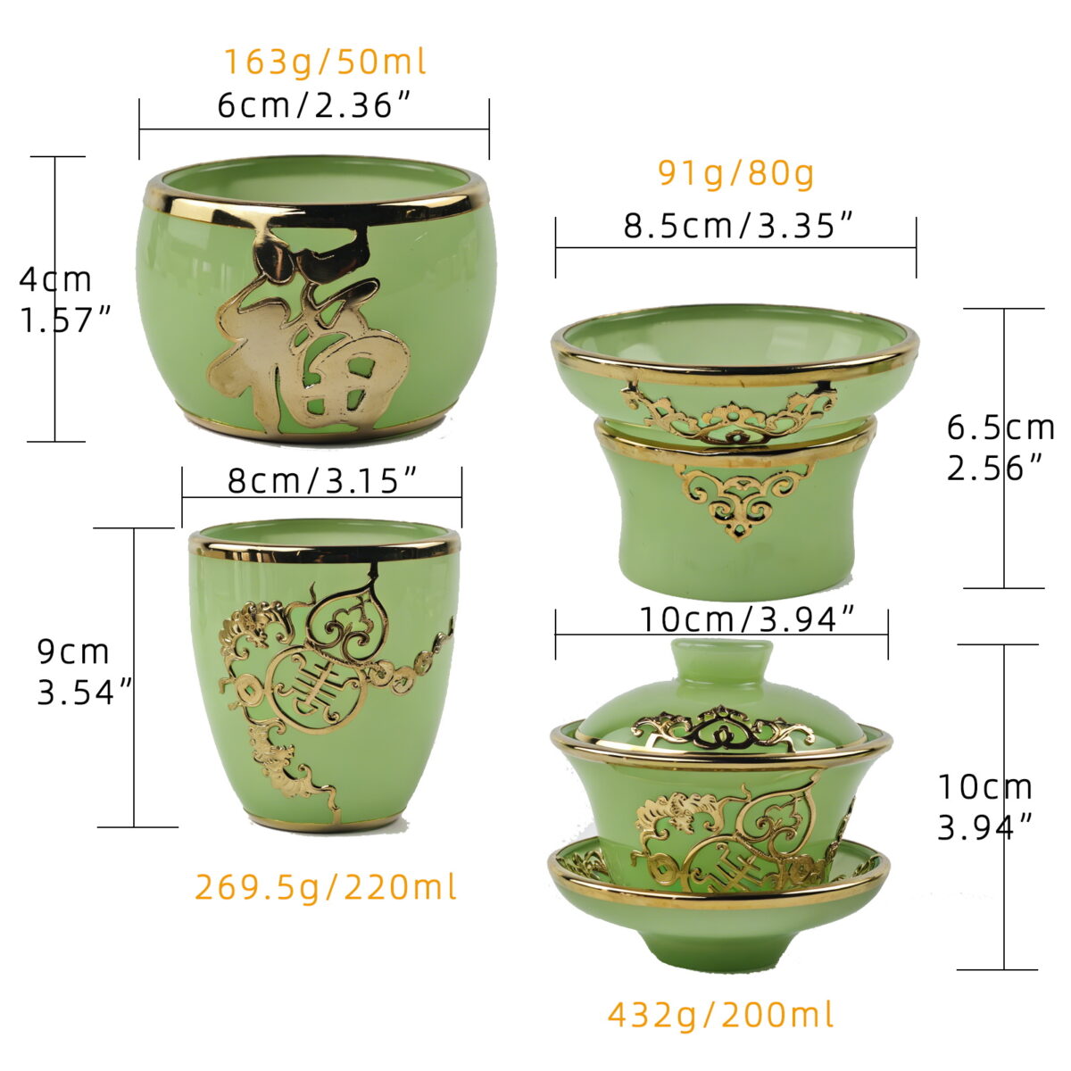 Gold-Inlaid Jade Style Liuli Glass "Complete Fu Lu Shou" Kung Fu Tea Set - Image 10