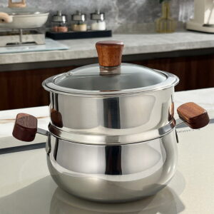 Stainless Steel Double-Handle Soup Pot with Wooden Grips（Steamer Basket）